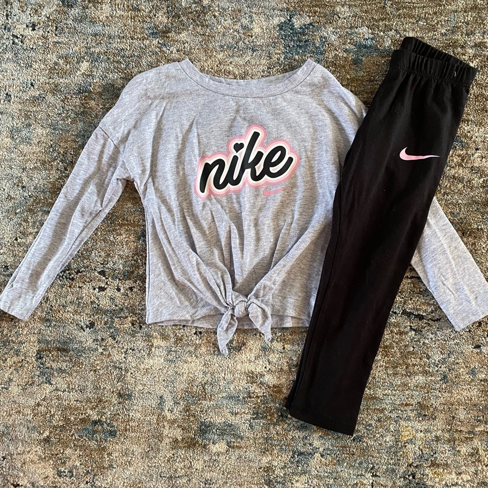 Nike Gray Top and Black Leggings with Pink Details